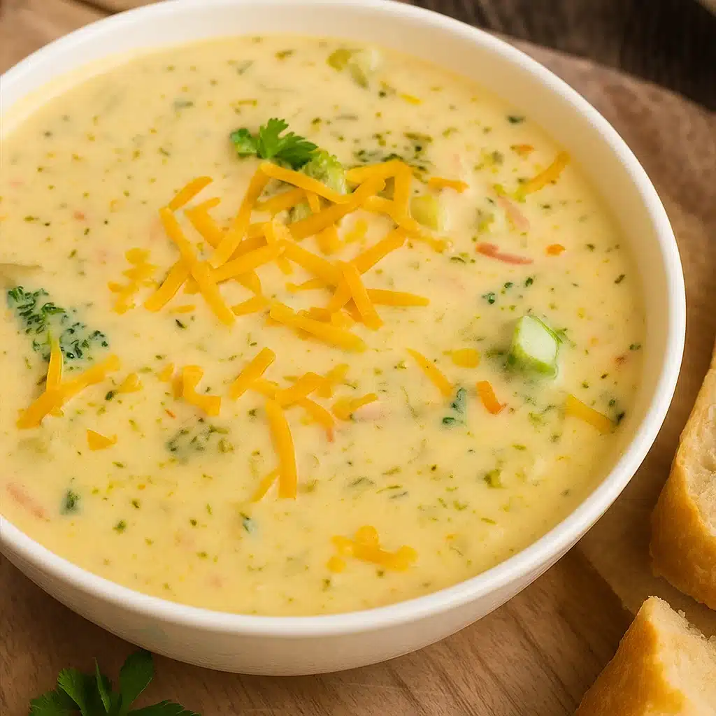 A creamy bowl of homemade Panera broccoli cheddar soup with visible broccoli florets, carrots, and melted cheese, served in a white bowl with crusty bread on the side.