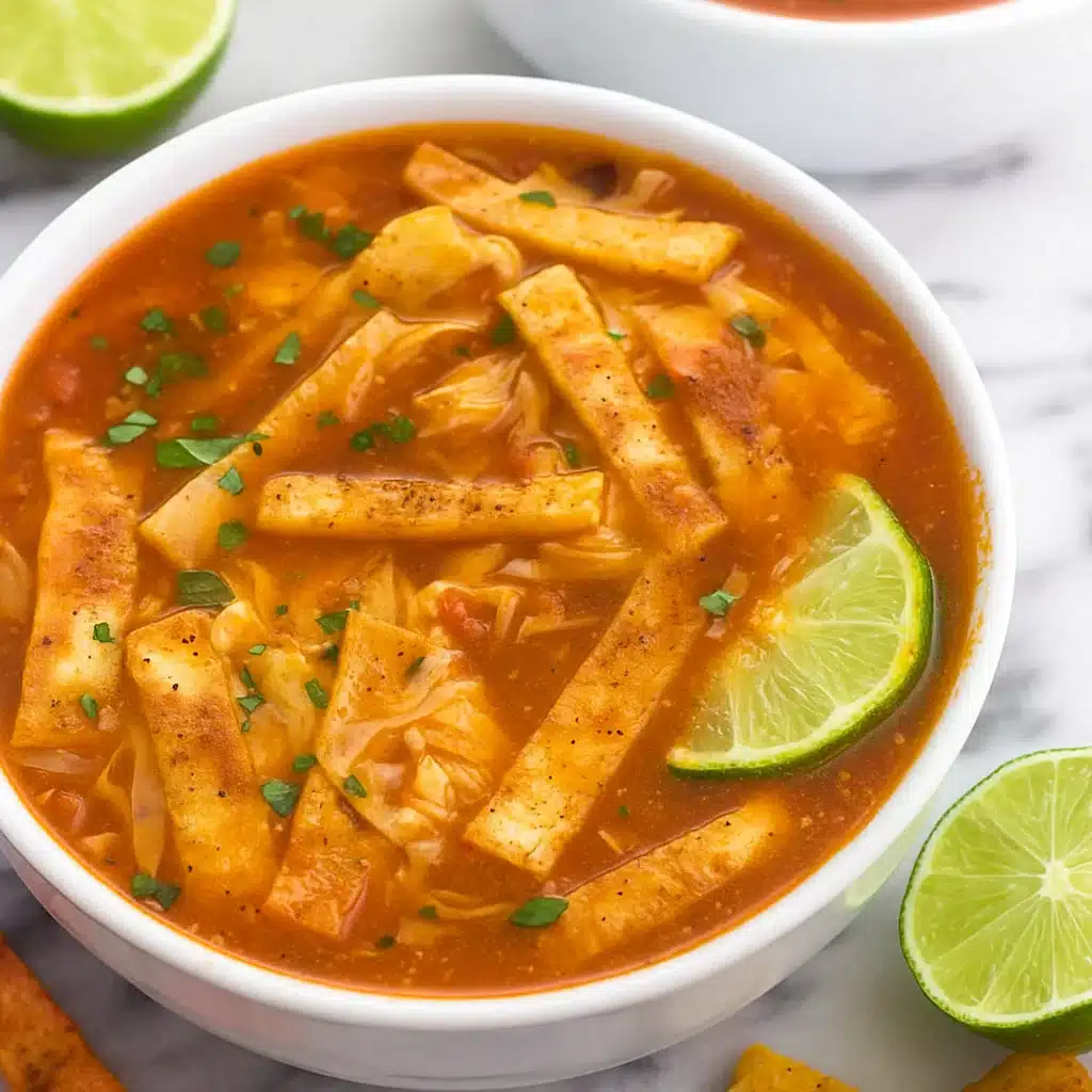 A steaming bowl of chicken tortilla soup topped with diced avocado, sour cream, shredded cheese, and cilantro, with tortilla strips visible in the rich, reddish-brown broth.
