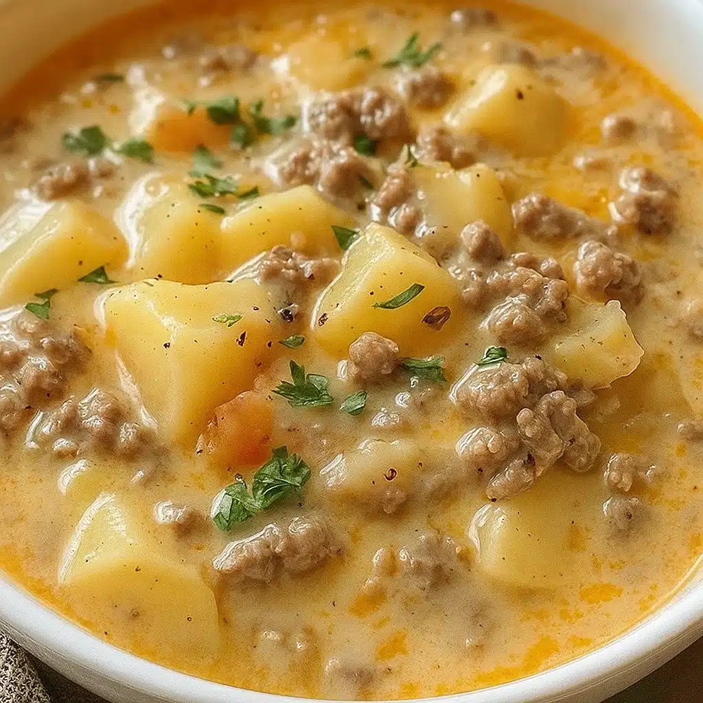A steaming bowl of creamy hamburger potato soup garnished with shredded cheese and green onions