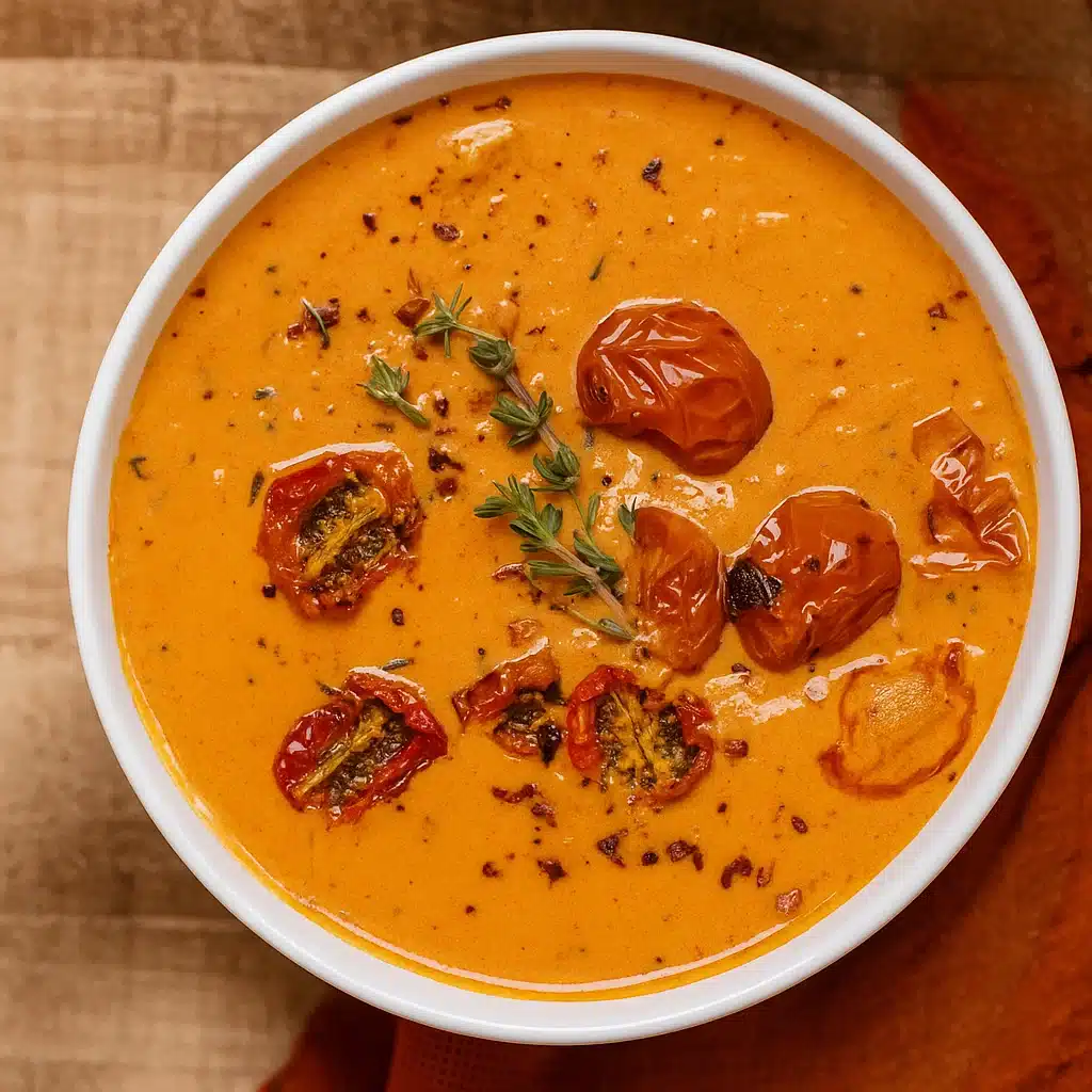 Bowl of roasted garlic tomato soup with herbs and olive oil, served with bread