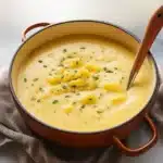 A bowl of creamy cheesy potato soup garnished with fresh chives and extra cheddar cheese, served with crusty bread on a rustic wooden table