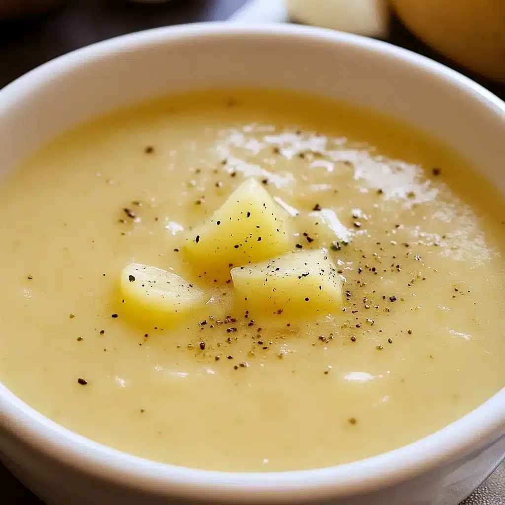 Home Page 34 Creamy roasted garlic potato soup in white bowl with fresh chives and crusty bread on wooden table.