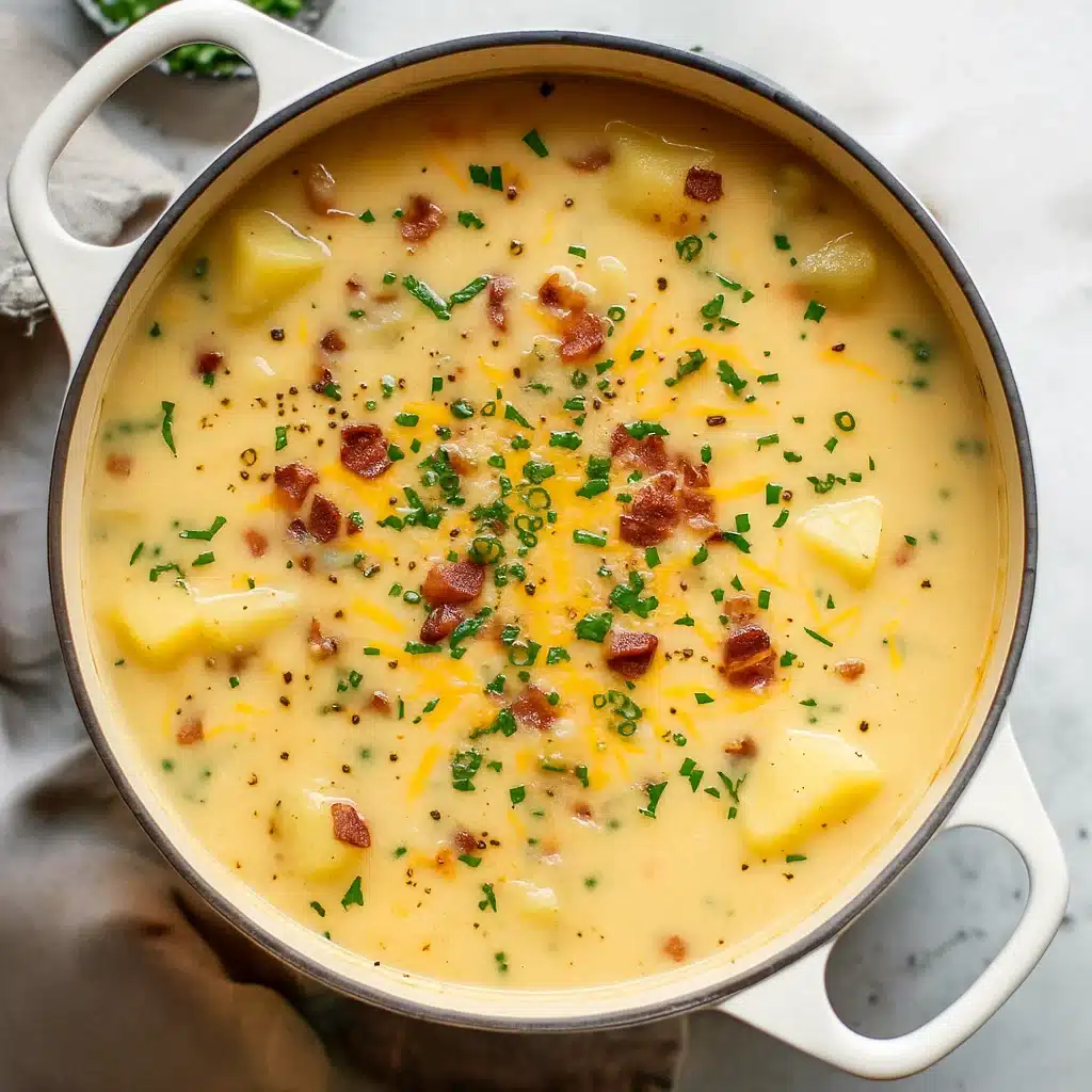 Home Page 33 Creamy Outback Steakhouse Potato Soup in white bowl topped with melted cheddar cheese, bacon bits, and green onions, with steam rising from the surface