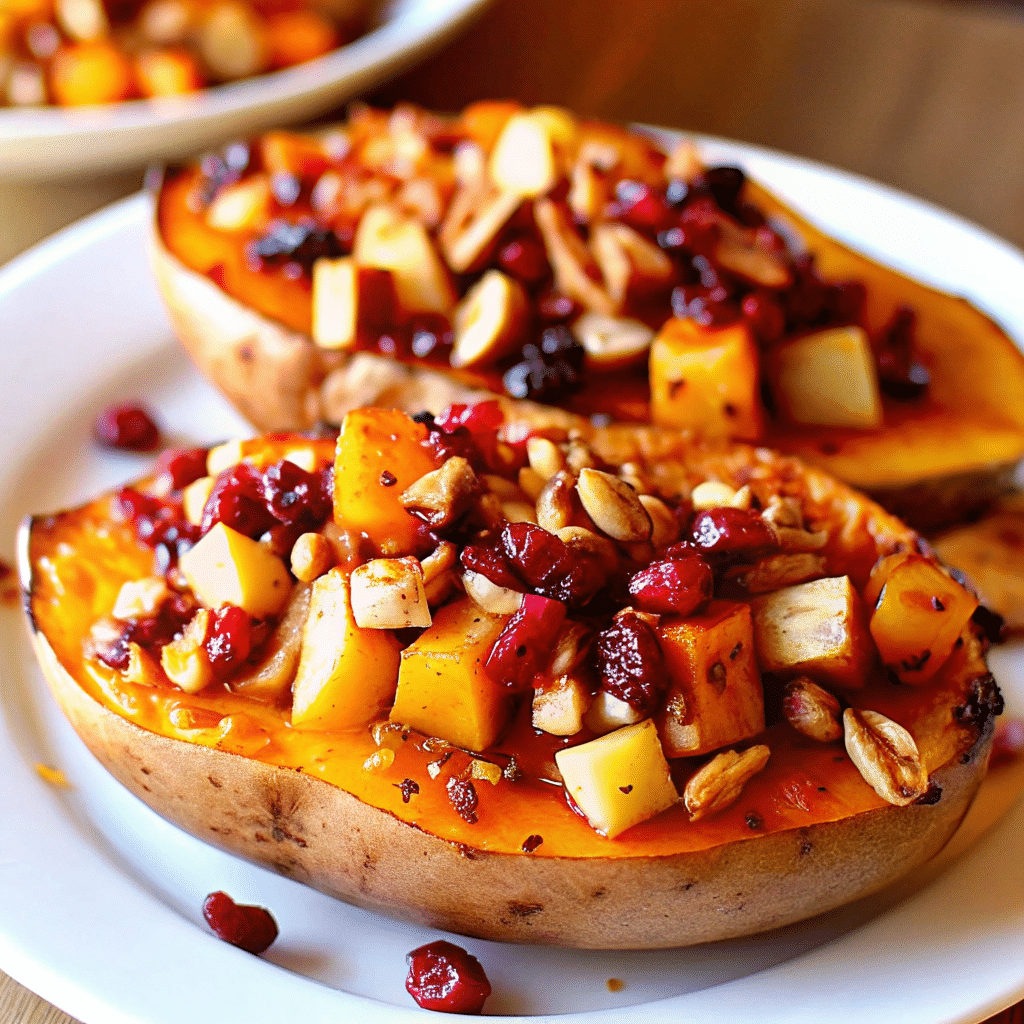 Golden twice baked sweet potato halves filled with creamy cranberry apple filling and topped with caramelized pecan crumble on a white serving platter