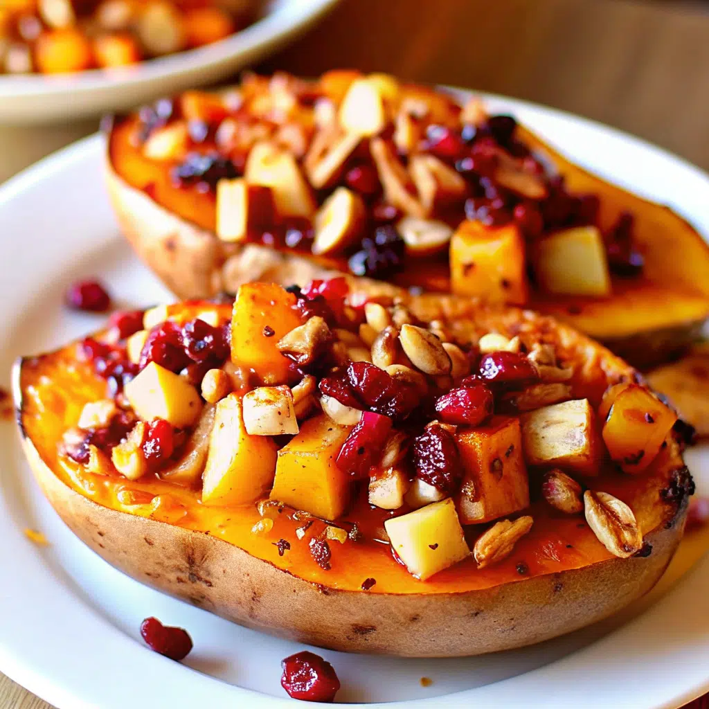 Golden twice baked sweet potato halves filled with creamy cranberry apple filling and topped with caramelized pecan crumble on a white serving platter