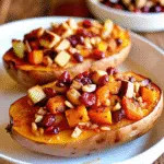 Golden twice baked sweet potato halves filled with creamy cranberry apple filling and topped with caramelized pecan crumble on a white serving platter