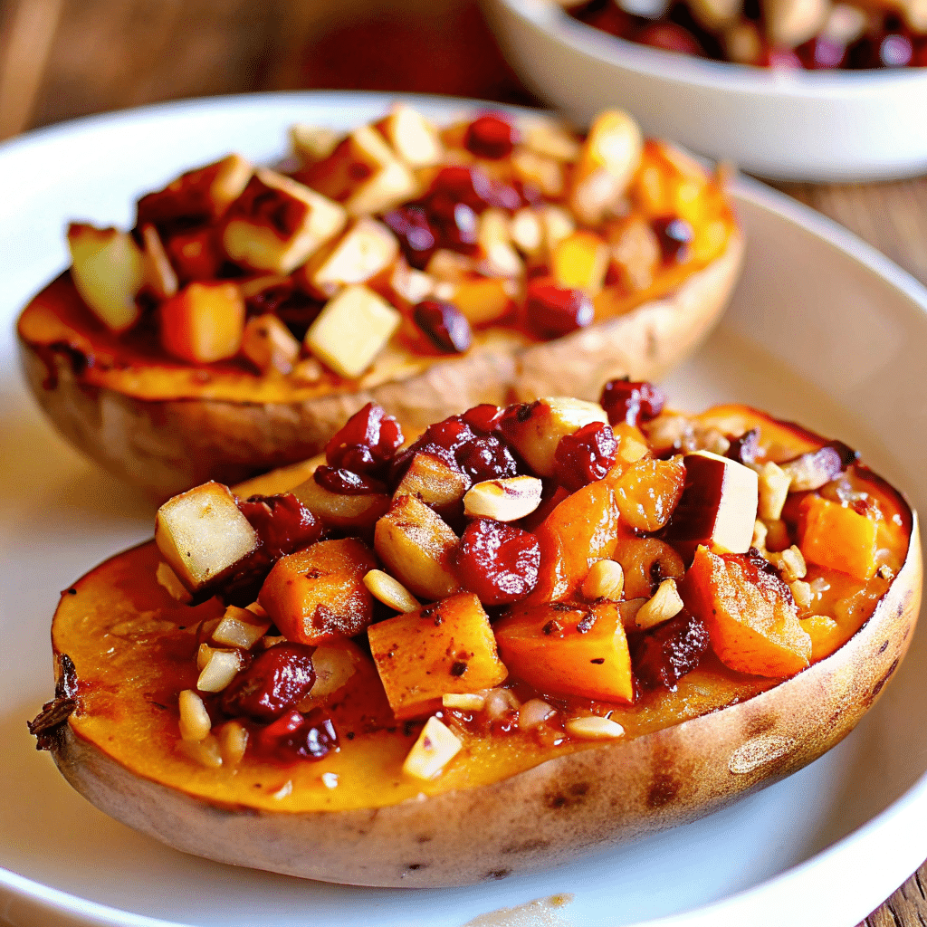 Golden twice baked sweet potato halves filled with creamy cranberry apple filling and topped with caramelized pecan crumble on a white serving platter