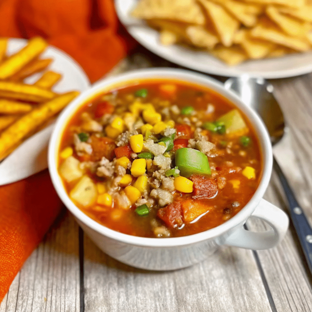 A hearty bowl of cowboy soup with ground beef, beans, corn, and potatoes in a rich tomato broth