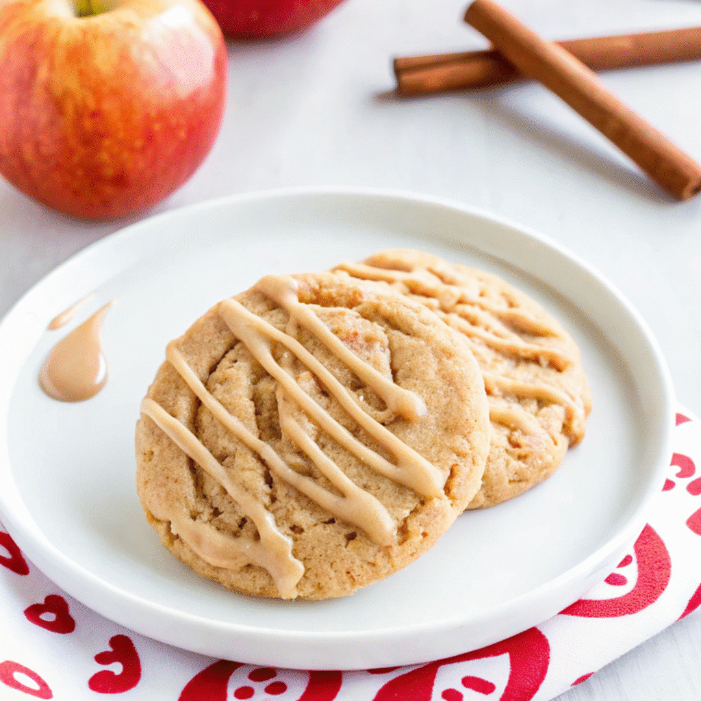 Soft and chewy apple cider cookies with visible apple chunks, drizzled with cinnamon apple cider glaze on a wire cooling rack