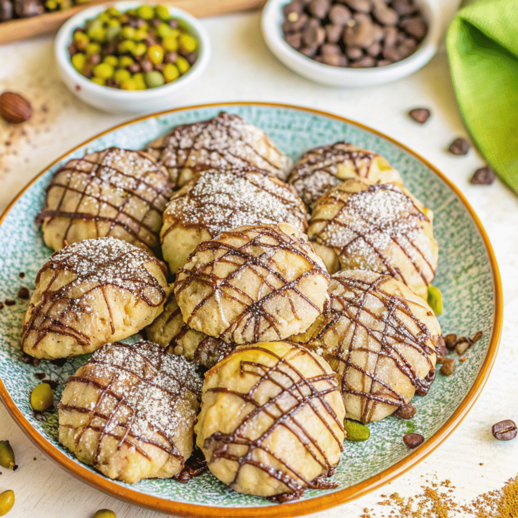 Soft cannoli cookies with chocolate chunks and pistachios on white plate, some with chocolate drizzle