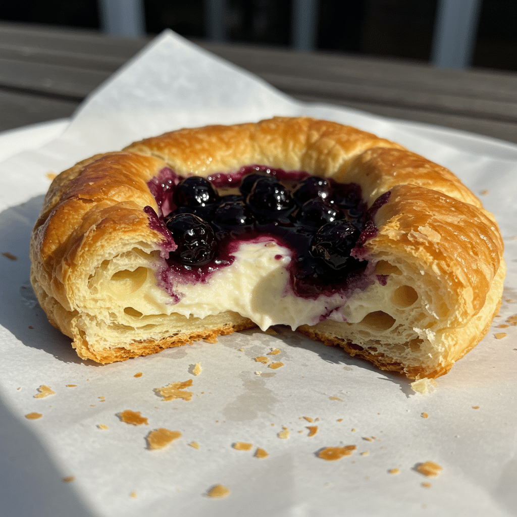 Golden braided puff pastry with cream cheese and blueberry filling cut open showing layers