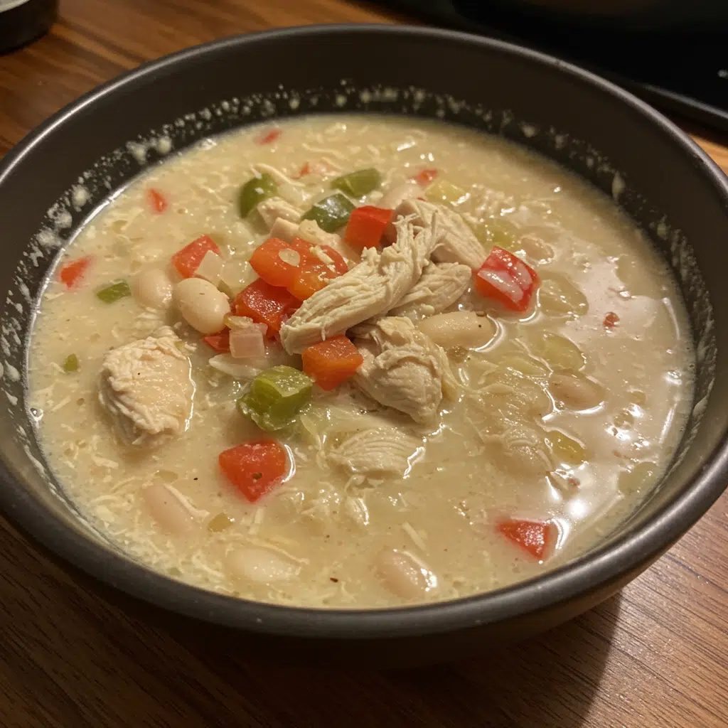 Home Page 27 Bowl of white chicken chili with avocado, cheese, cilantro, tortilla chips