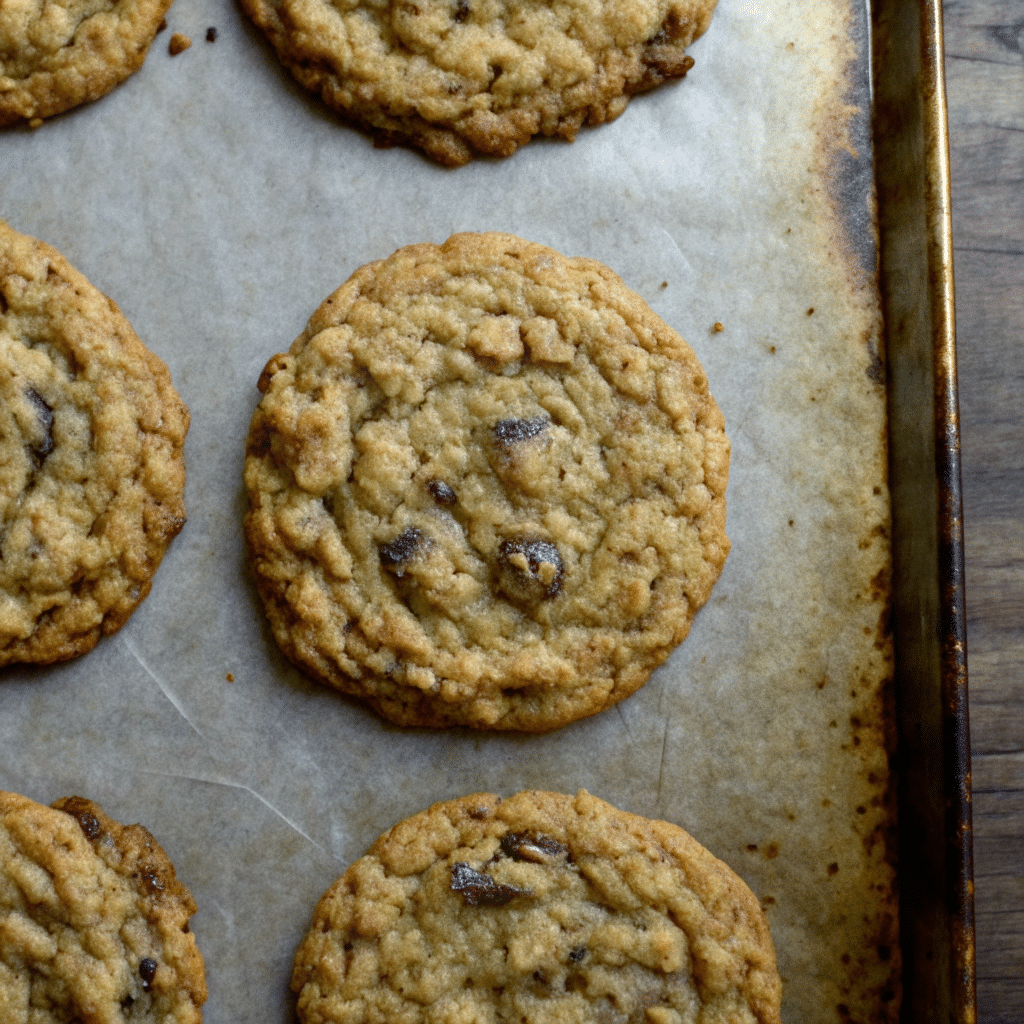 Large, thick Texas Cowboy Cookies loaded with oats, corn flakes, pecans, coconut, peanut butter chips and chocolate chips on a wire cooling rack