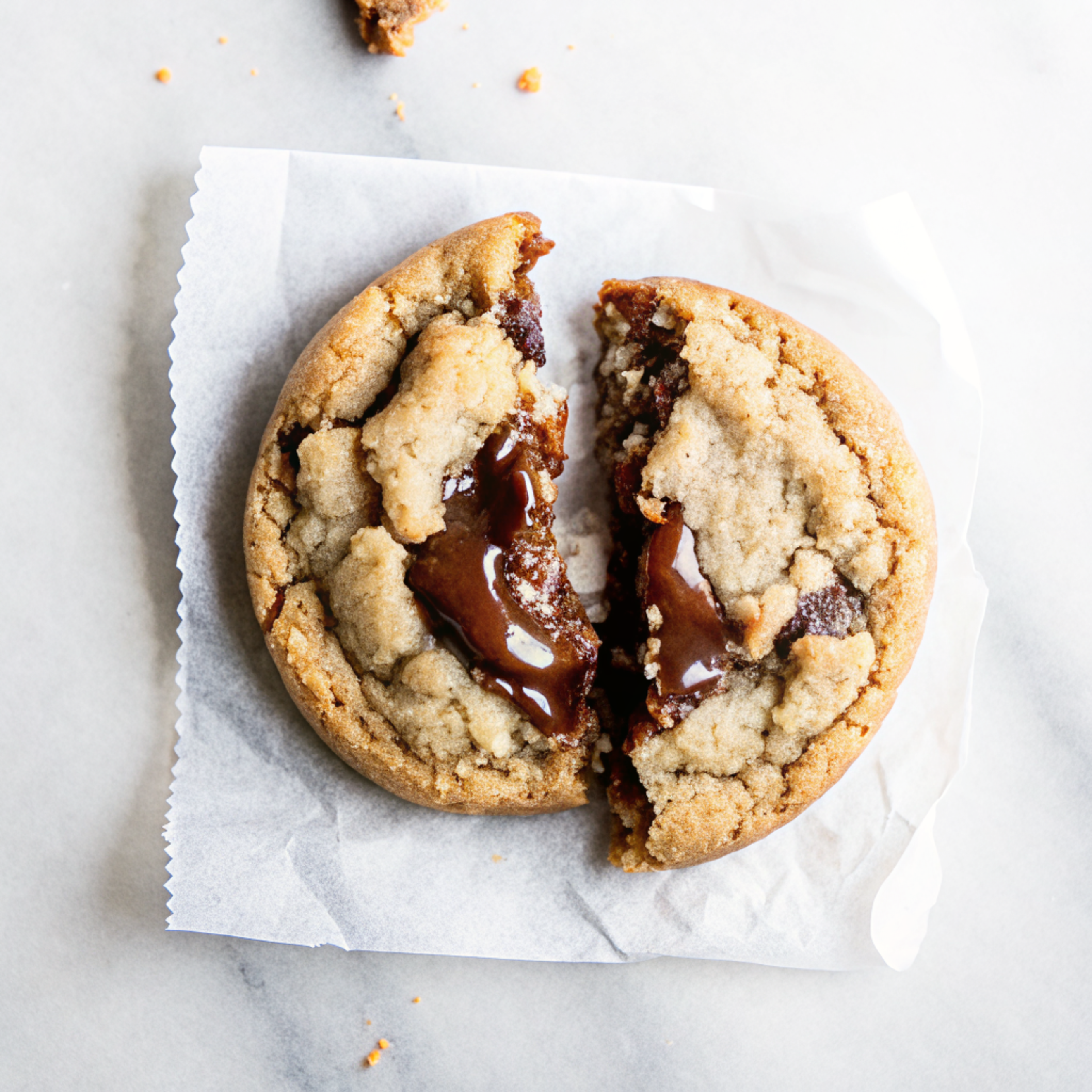 Golden brown espresso chocolate chip cookies with chunks of dark chocolate, arranged on parchment paper with a glass of milk in the background.
