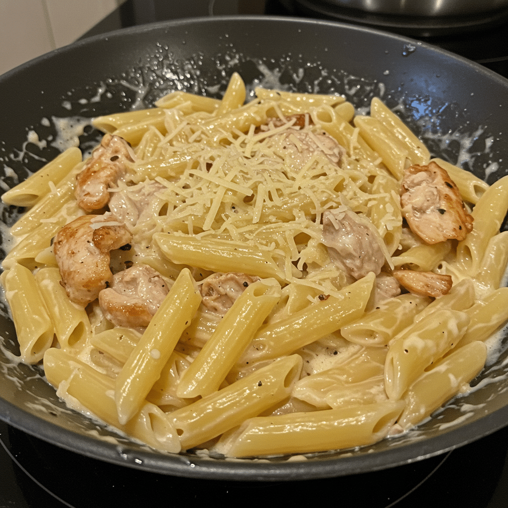 Homemade one-pan garlic parmesan chicken pasta in a cast iron skillet with sliced seasoned chicken over creamy penne pasta, garnished with fresh parsley