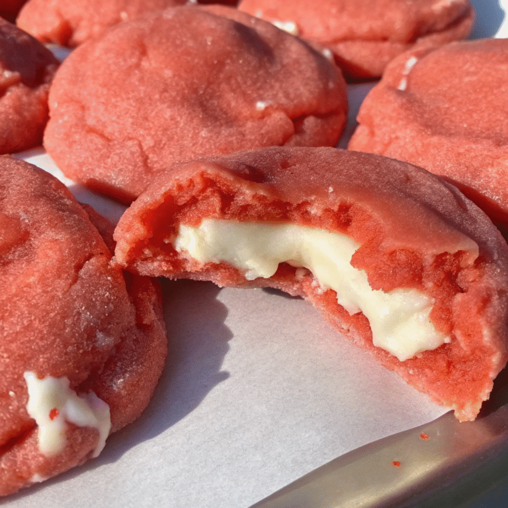 Soft strawberry cheesecake cookies with creamy centers and jam swirls on a white plate