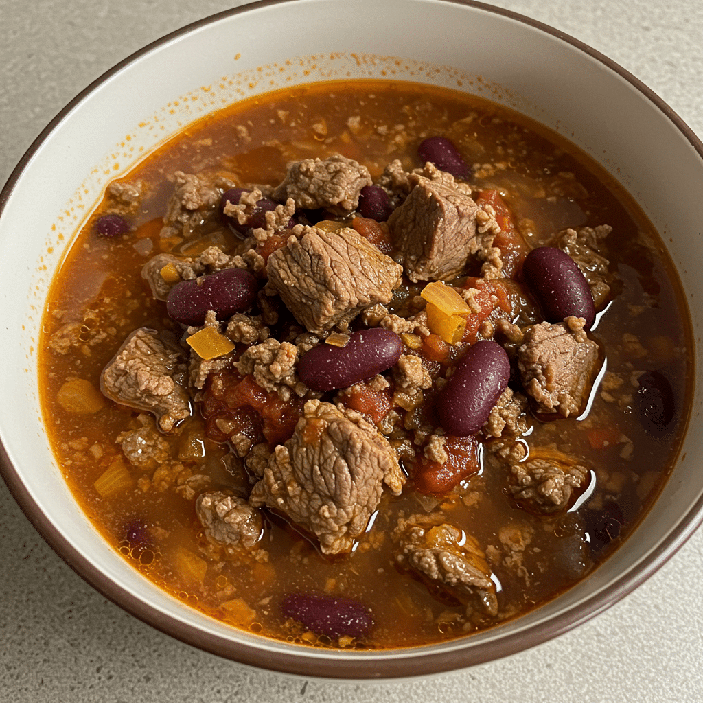 A steaming bowl of hearty beef chili topped with sour cream, cheddar cheese, and fresh cilantro, served with cornbread on a rustic wooden table.
