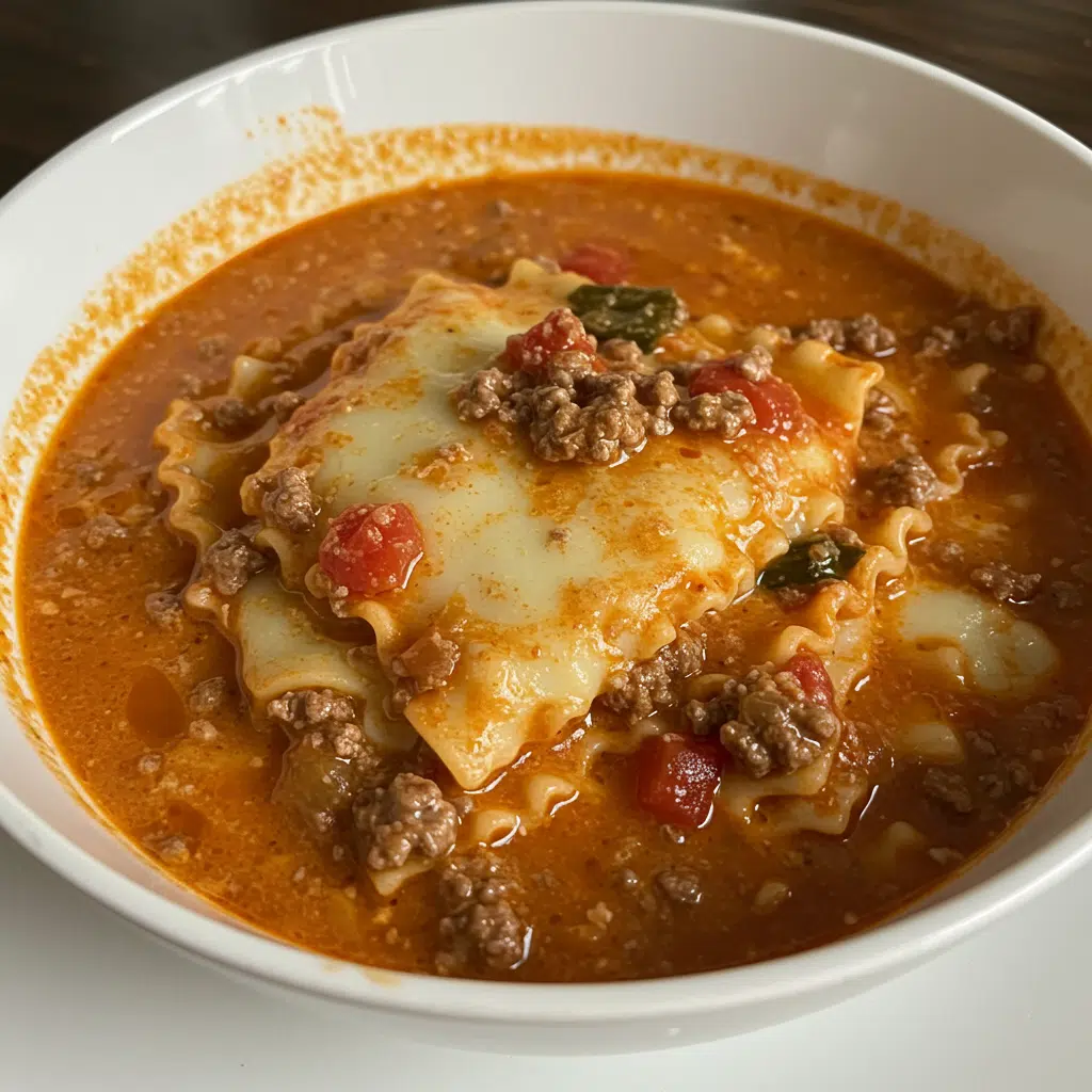 Crock Pot Lasagna Soup 5 Bowl of Crock Pot Lasagna Soup with melted cheese and herbs on top