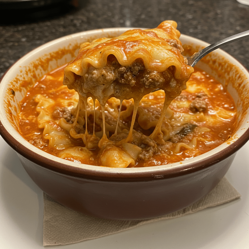 Bowl of Crock Pot Lasagna Soup with melted cheese and herbs on top