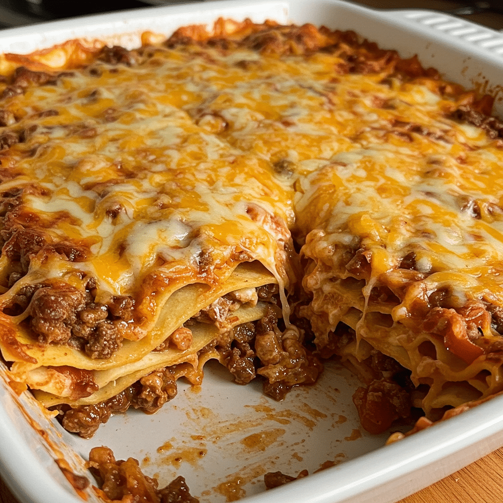 Taco lasagna in baking dish with golden bubbly cheese on top