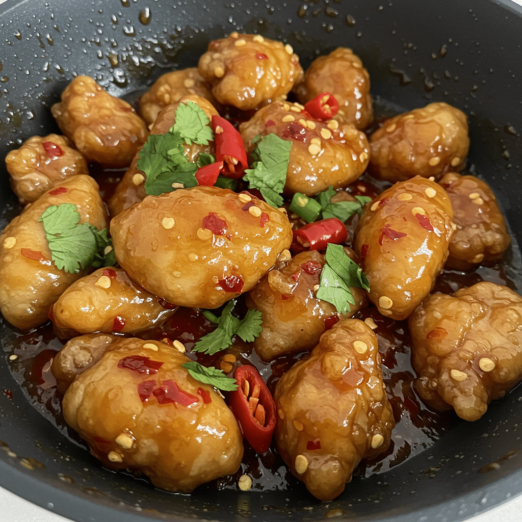 Glossy sweet chilli chicken pieces in a sticky red glaze, garnished with fresh green chives, served in a dark pan with jasmine rice visible in the background