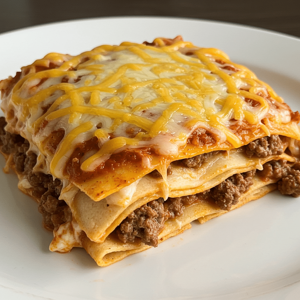 Taco lasagna in baking dish with golden bubbly cheese on top