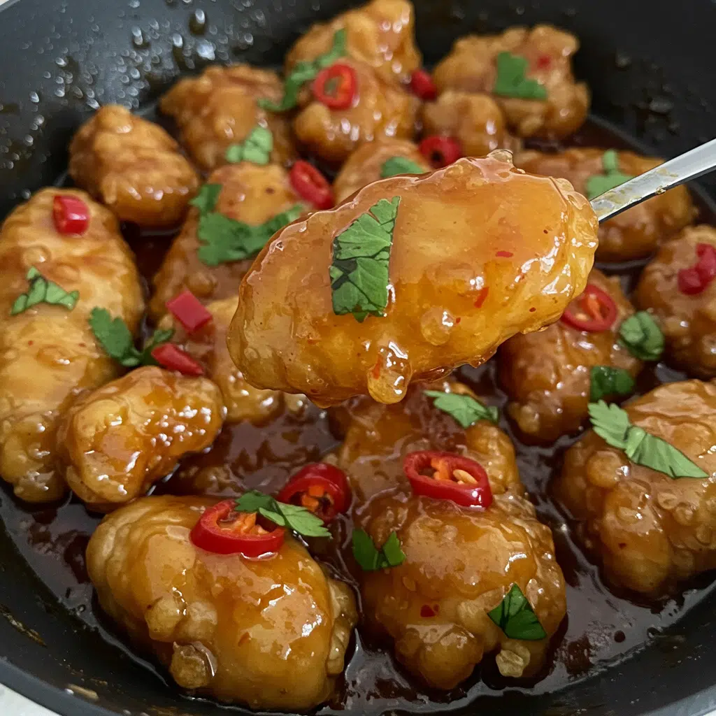 Glossy sweet chilli chicken pieces in a sticky red glaze, garnished with fresh green chives, served in a dark pan with jasmine rice visible in the background