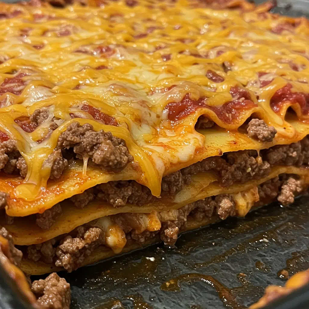Home Page 14 Taco lasagna in baking dish with golden bubbly cheese on top