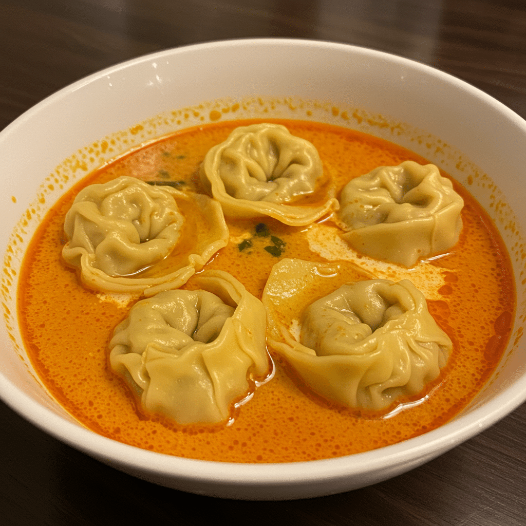 A steaming bowl of red curry dumpling soup with plump dumplings, mushrooms, and bok choy in creamy coconut curry broth, topped with sesame seeds and green onions