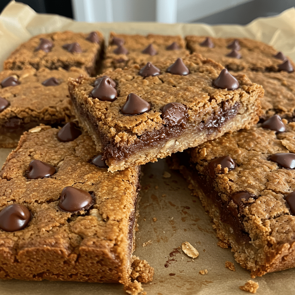 Homemade oatmeal chocolate chip bars cut into squares