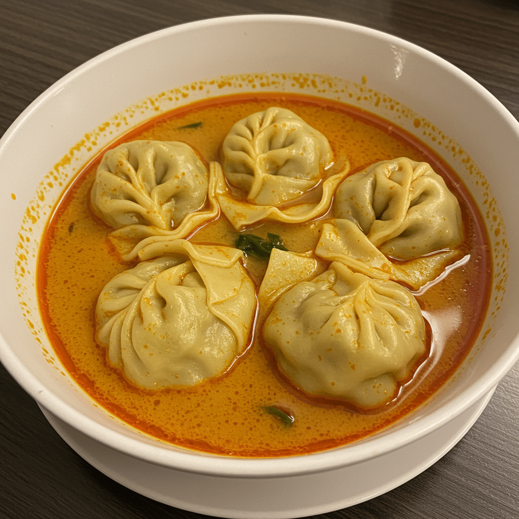 A steaming bowl of red curry dumpling soup with plump dumplings, mushrooms, and bok choy in creamy coconut curry broth, topped with sesame seeds and green onions