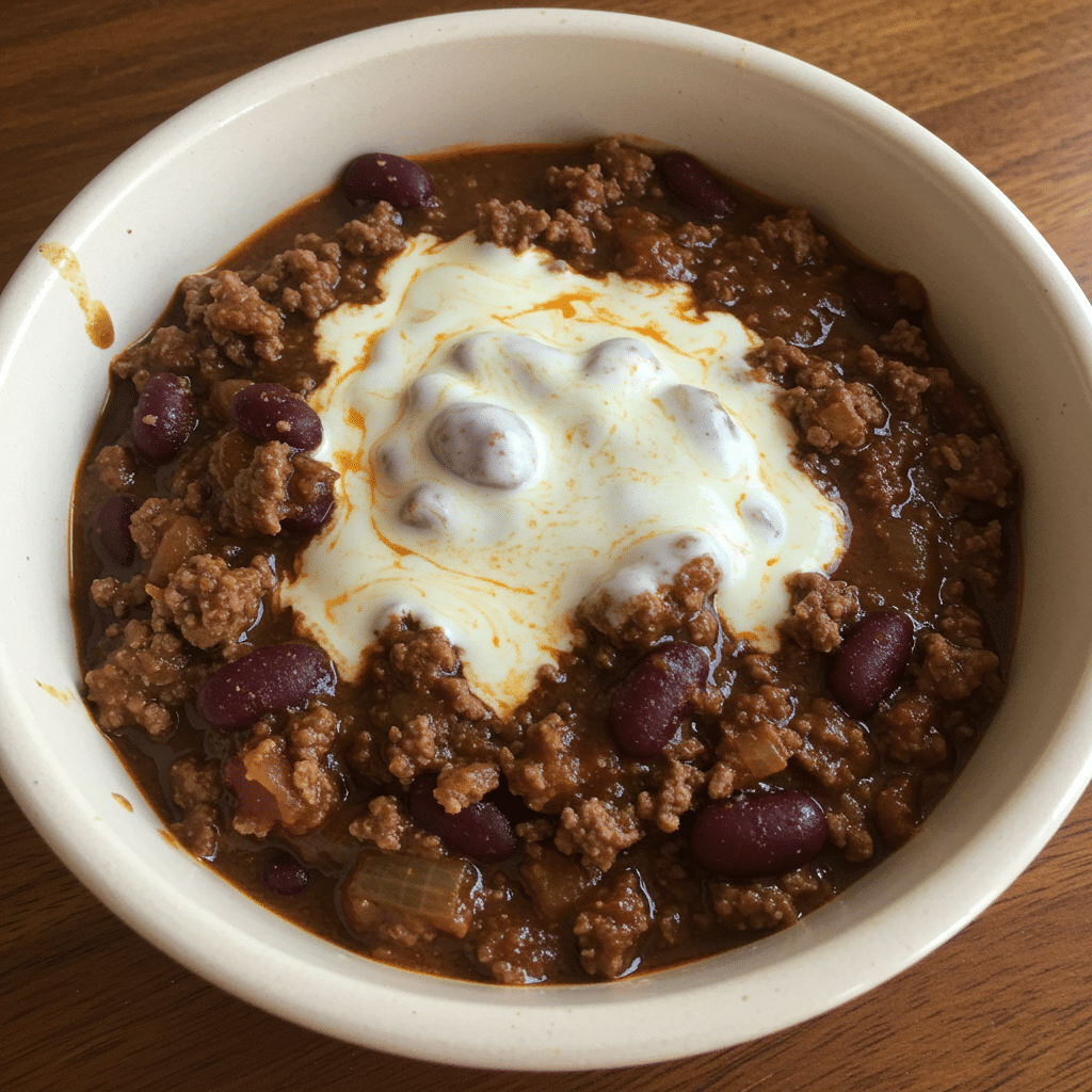 Bowl of thick cowboy chili with cheese and sour cream on top, served with cornbread
