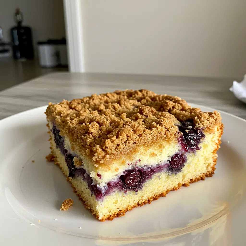 Home Page 17 Messy slice of blueberry coffee cake with crumbly topping and berries falling out