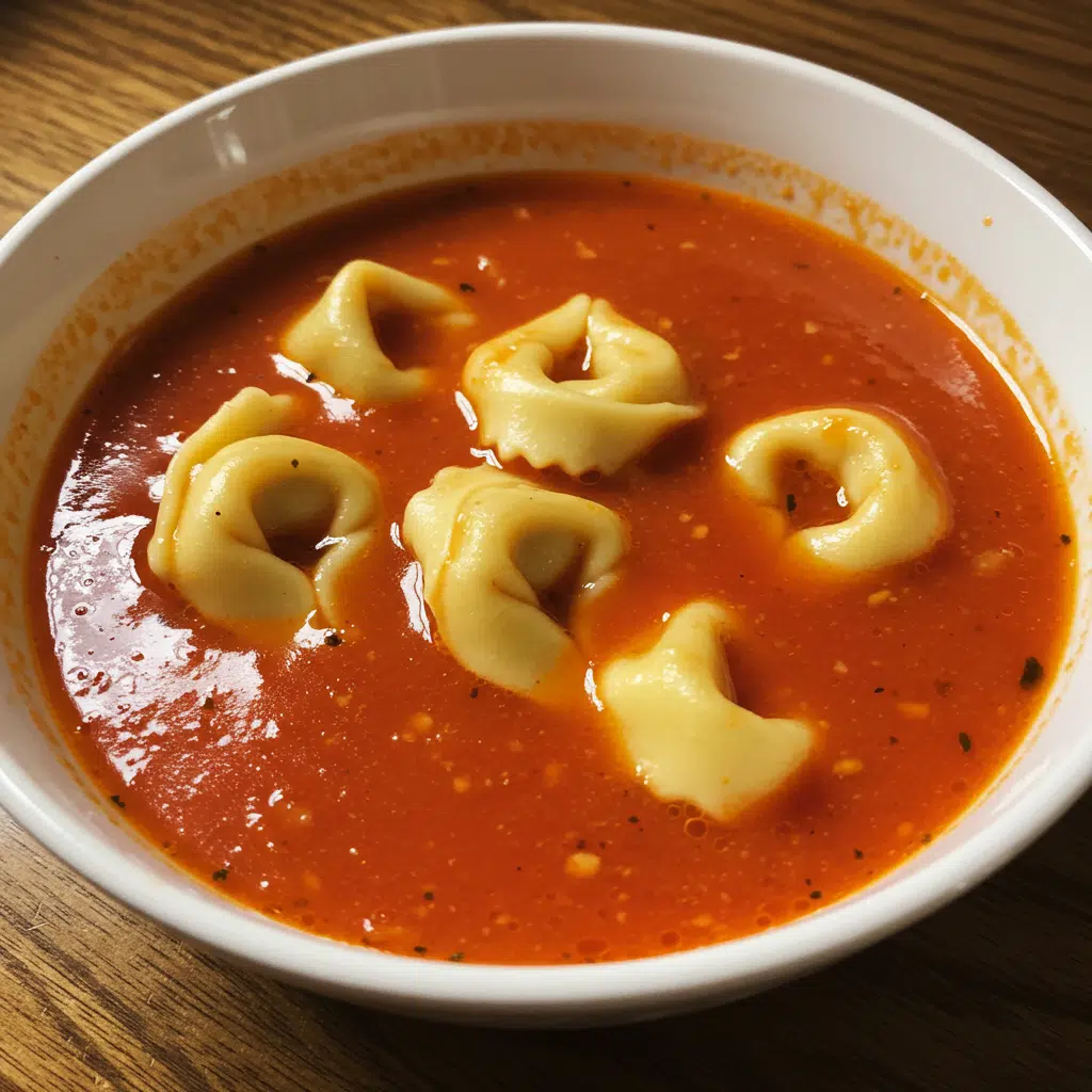 Tomato Tortellini Soup 8 A bowl of creamy tomato tortellini soup garnished with fresh basil leaves, served alongside crusty bread, photographed from above on a rustic wooden table