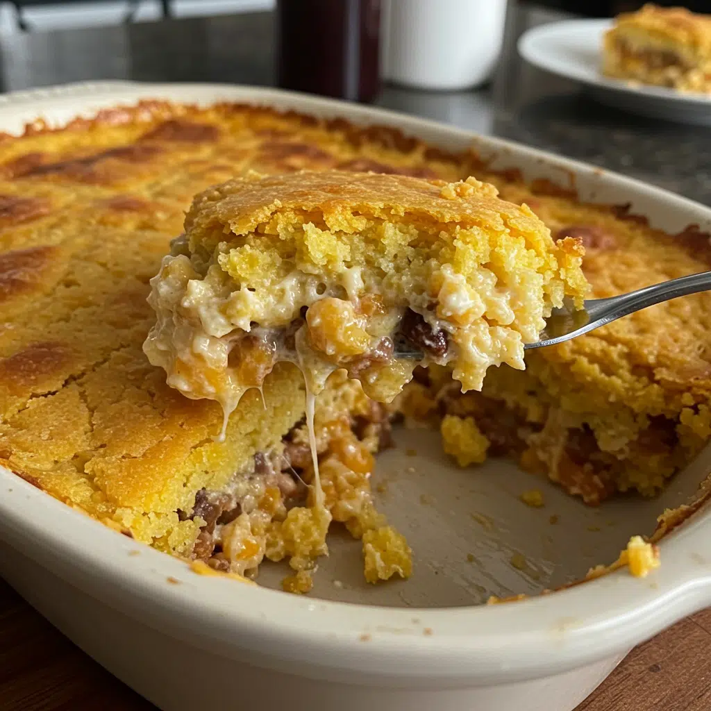 Homemade Mexican cornbread casserole in a glass baking dish with golden-brown cornbread top, melted cheese, and visible layers of seasoned ground beef underneath
