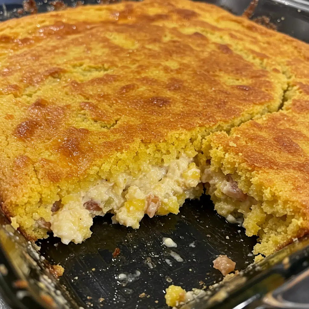 Home Page 21 Homemade Mexican cornbread casserole in a glass baking dish with golden-brown cornbread top, melted cheese, and visible layers of seasoned ground beef underneath