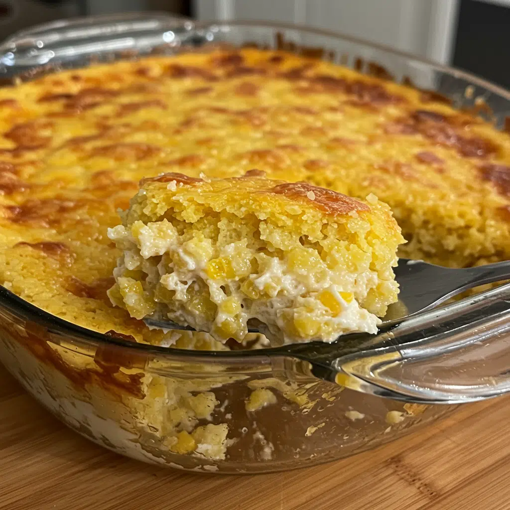 Homemade Mexican cornbread casserole in a glass baking dish with golden-brown cornbread top, melted cheese, and visible layers of seasoned ground beef underneath