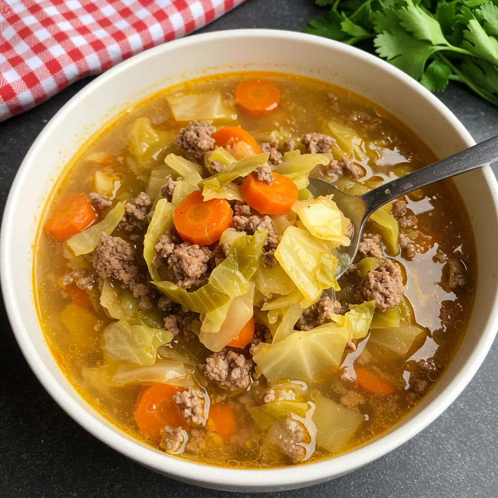 Home Page 13 A steaming bowl of ground beef and cabbage soup with tender vegetables and rich broth, served with crusty bread on a wooden table