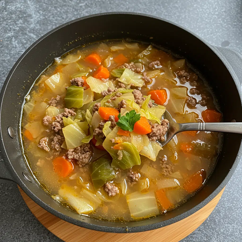 A steaming bowl of ground beef and cabbage soup with tender vegetables and rich broth, served with crusty bread on a wooden table