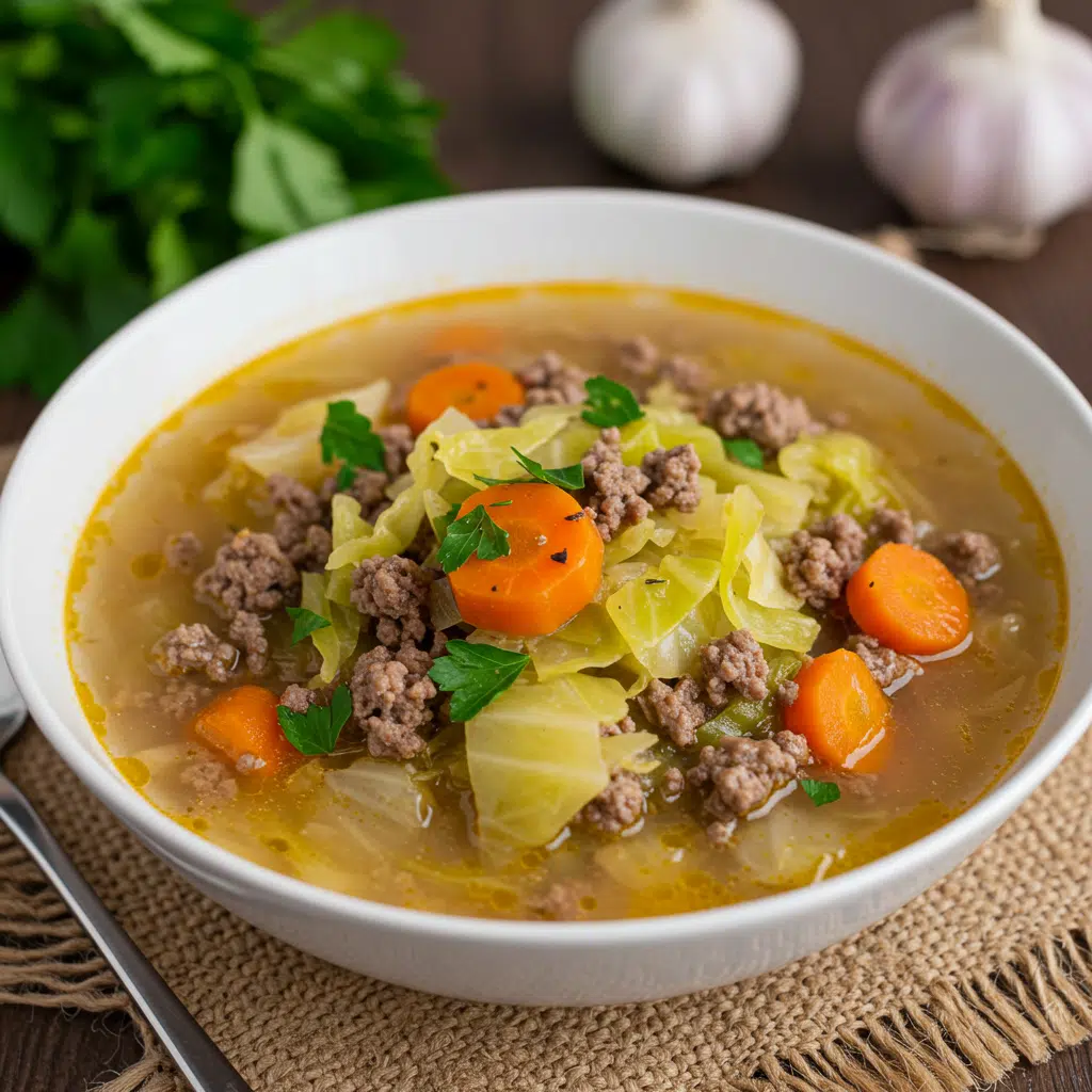A steaming bowl of ground beef and cabbage soup with tender vegetables and rich broth, served with crusty bread on a wooden table