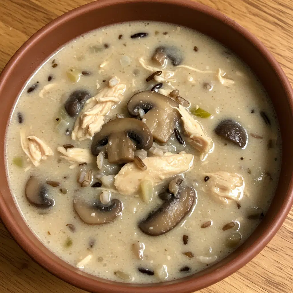 Home Page 8 Steaming bowl of creamy chicken mushroom wild rice soup garnished with fresh parsley, served with crusty bread