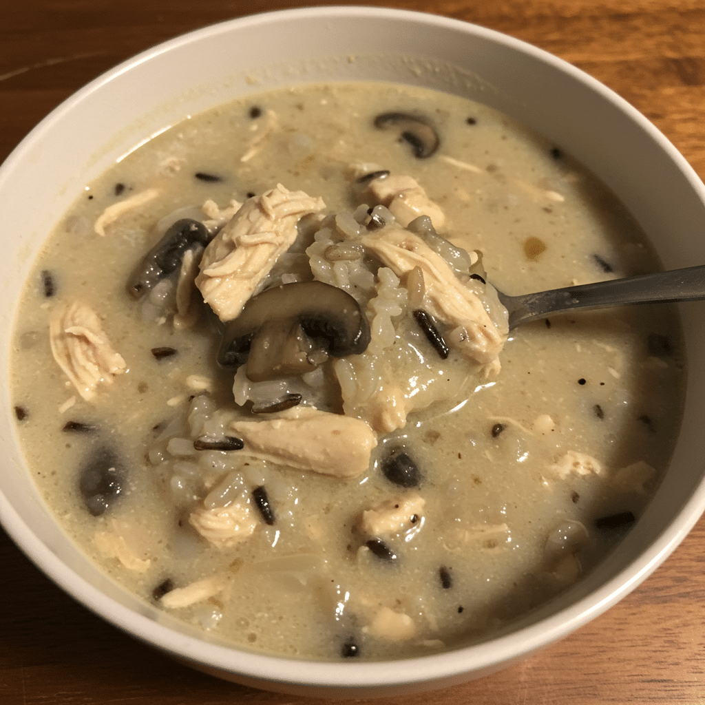 Steaming bowl of creamy chicken mushroom wild rice soup garnished with fresh parsley, served with crusty bread