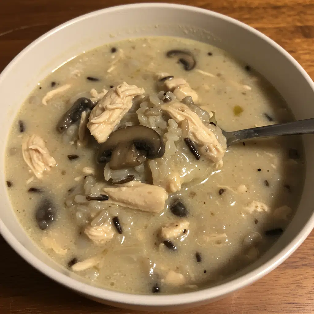 Steaming bowl of creamy chicken mushroom wild rice soup garnished with fresh parsley, served with crusty bread