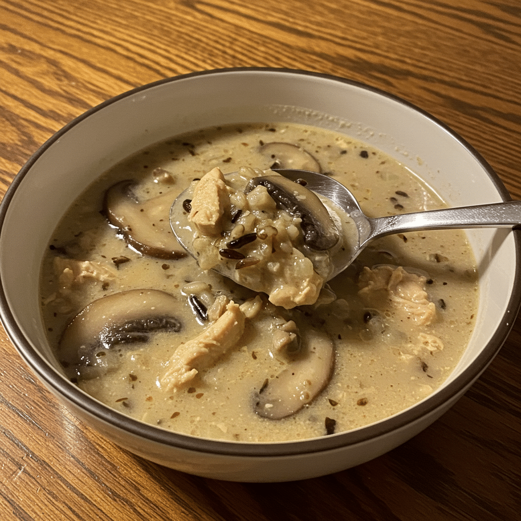 Steaming bowl of creamy chicken mushroom wild rice soup garnished with fresh parsley, served with crusty bread