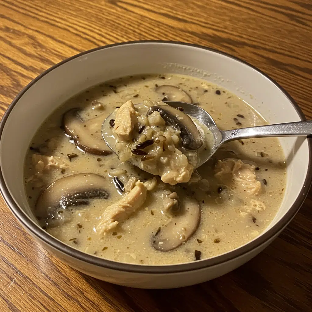 Steaming bowl of creamy chicken mushroom wild rice soup garnished with fresh parsley, served with crusty bread