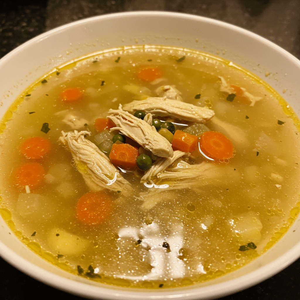 Steaming bowl of homemade chicken soup with tender chicken pieces, carrots, and celery in rich golden broth, served with crackers on rustic wooden tabl