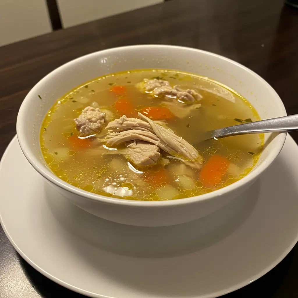 Home Page 10 Steaming bowl of homemade chicken soup with tender chicken pieces, carrots, and celery in rich golden broth, served with crackers on rustic wooden tabl