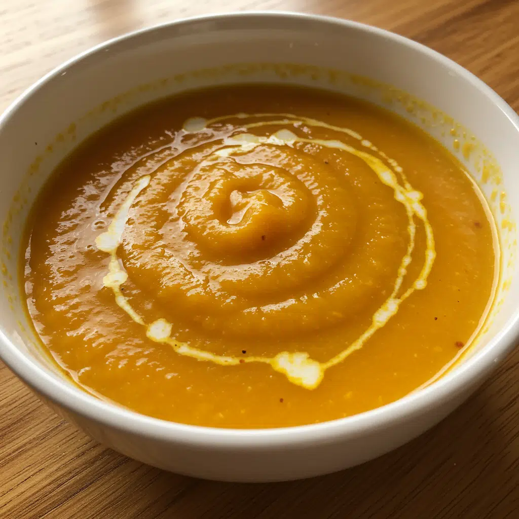 Home Page 5 Creamy orange butternut squash sweet potato soup in a white bowl garnished with cream swirl and fresh herbs
