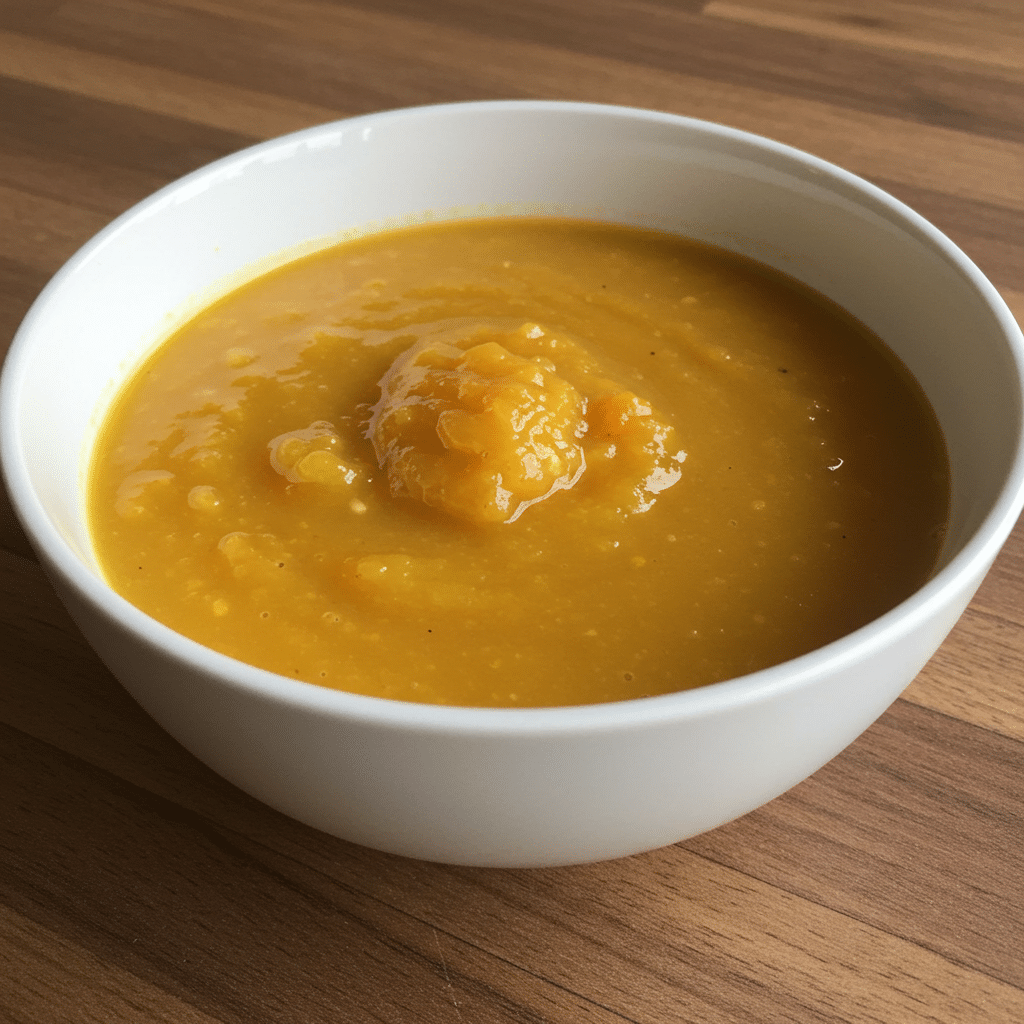 Creamy orange butternut squash sweet potato soup in a white bowl garnished with cream swirl and fresh herbs