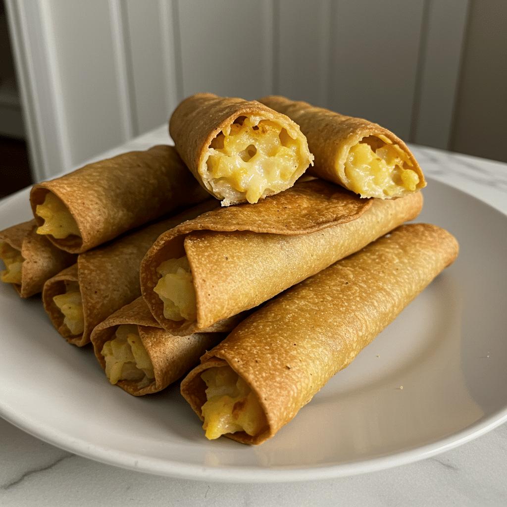 Golden brown potato taquitos on white plate with green salsa